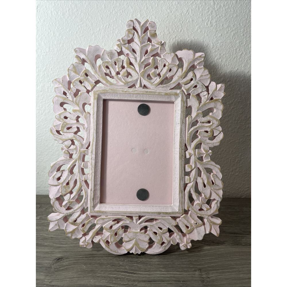 Handcrafted Carved Wood Ornate Picture Frame Pink Gold Shabby Chic Boho